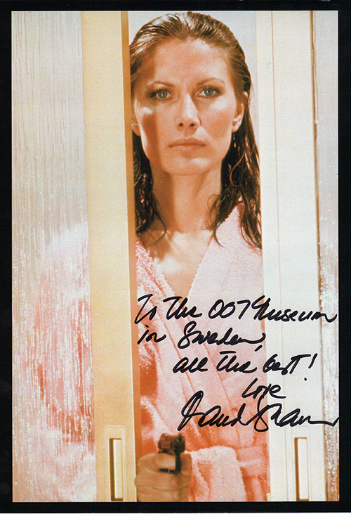 Maud Adams sign up photo to Gunnar Bond James and the James Bond 007 Museum in Nybro Sweden.