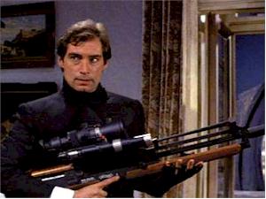 Walther Sniper's Rifle: In the sequence subsequent to the titles, Bond sets up the scene for the "defection". He uses this weapon to seek and eliminate any KGB snipers who could be on guard against the coup. The gun houses an infrared scope through which Bond identifies the sniper to be the novice Kara - he then misses on purpose as a result. The gun can use either soft-tipped or (007's preference) the steel-tipped bullets.